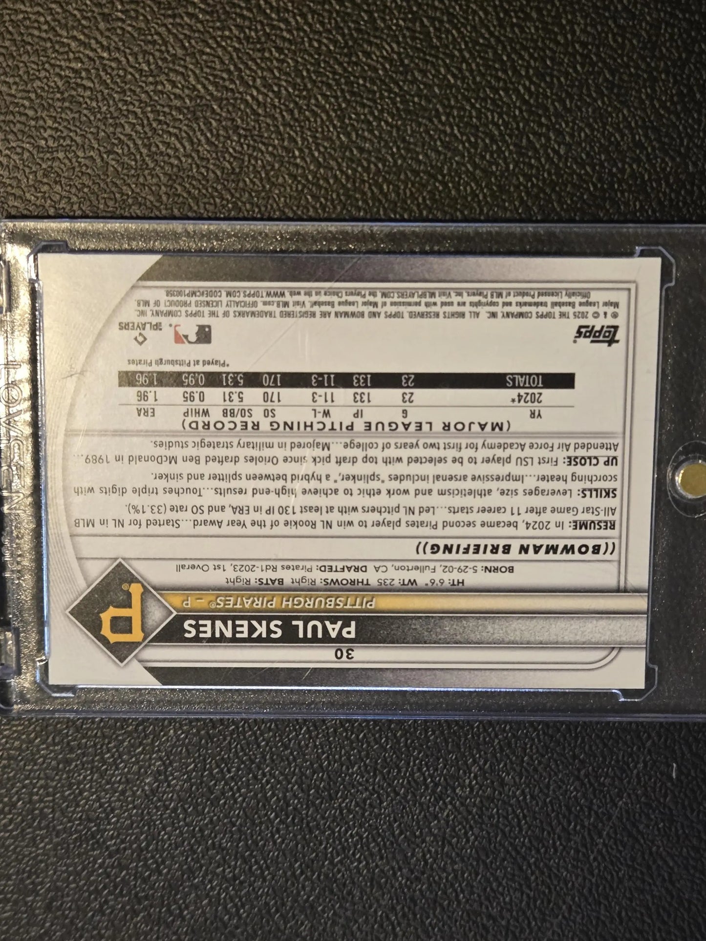 Back of a 2025 Bowman Paul Skenes baseball card showing card details and stats