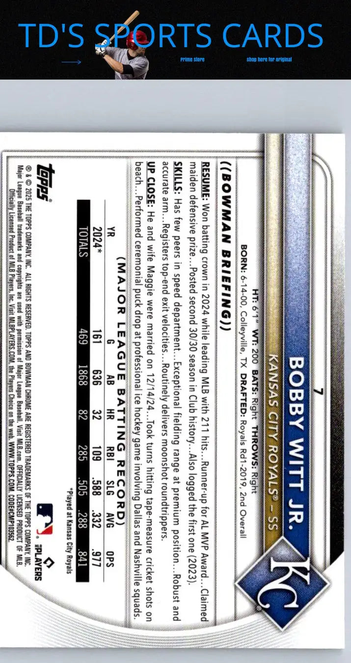 2025 Bowman Bobby Witt Jr. Chrome Mojo Refractor baseball card displayed in product