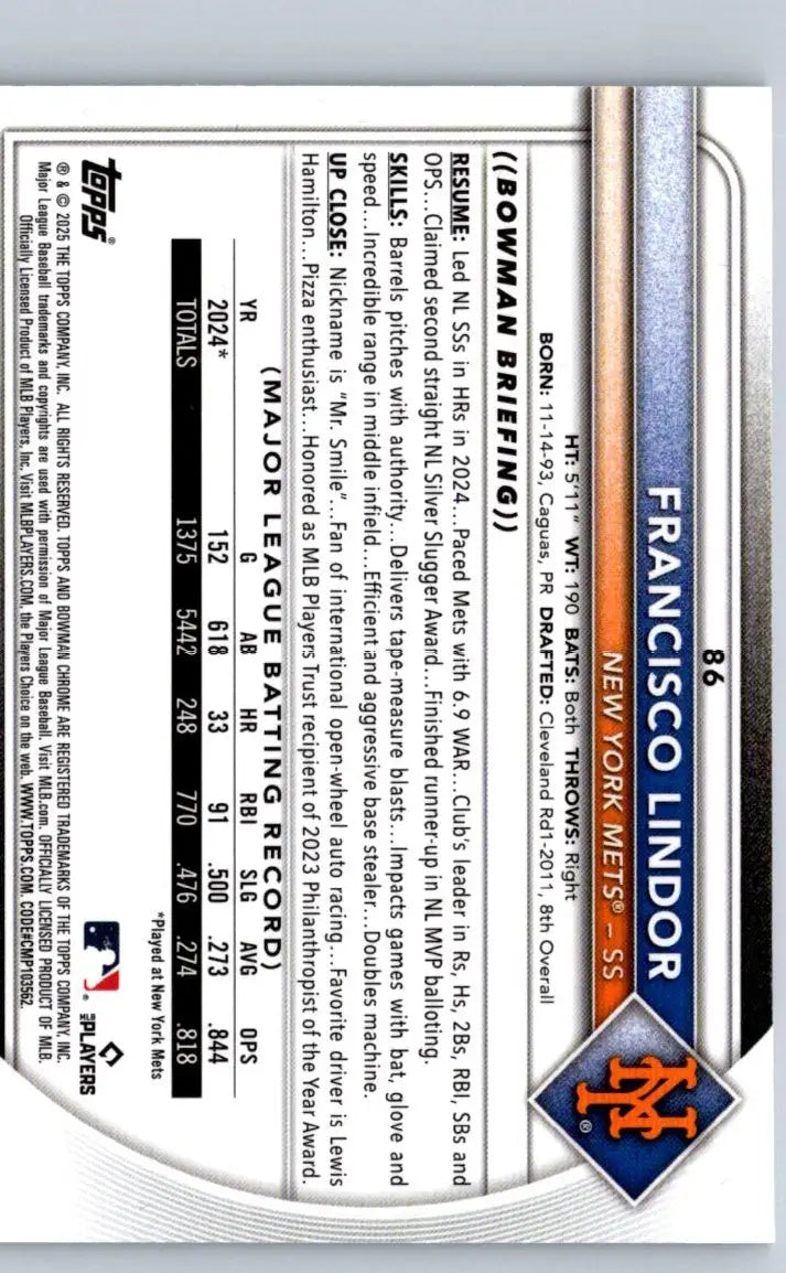 Francisco Lindor baseball card 2025 Bowman Chrome Mojo Refractor Lindor Chrome Mojo