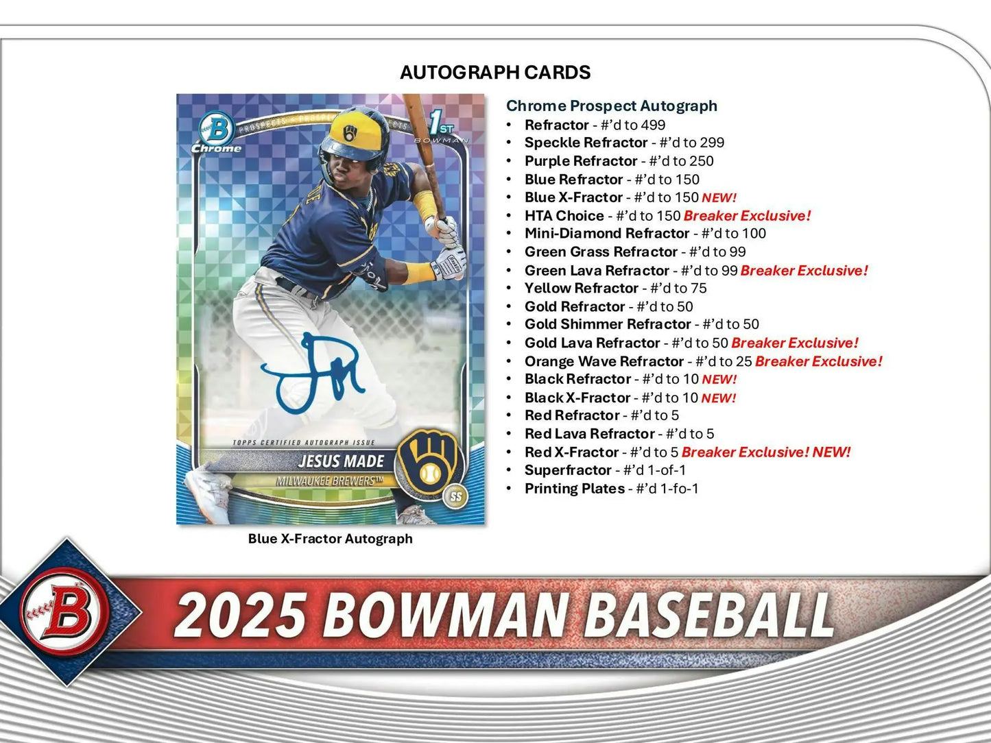 2025 Bowman Baseball autograph card featuring red refractor and breaker exclusive gold refractor