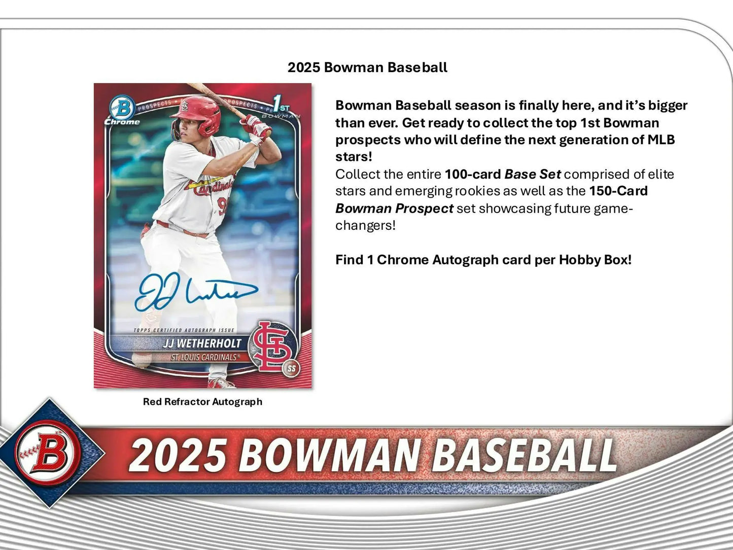 2025 Bowman Baseball Hobby Box featuring hobby exclusive chrome prospect and red refractor card