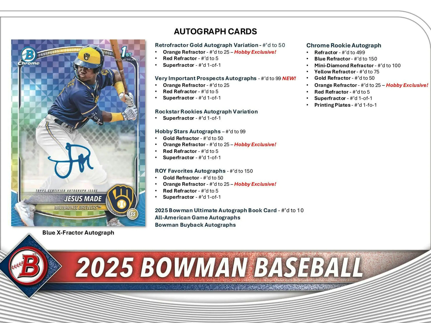 2025 Bowman Baseball Hobby Box autograph card checklist featuring hobby exclusive, chrome prospect, and red refractor cards