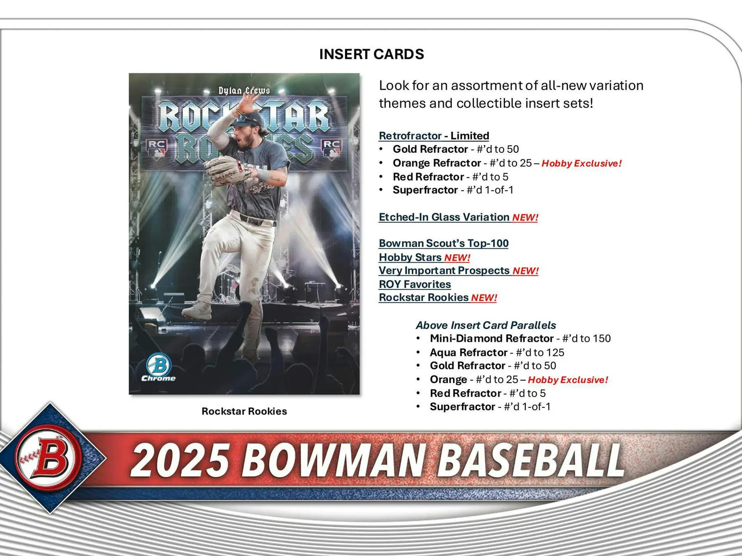 Baseball card advertisement showcasing hobby exclusive 2025 Bowman Chrome Prospect Red Refractor
