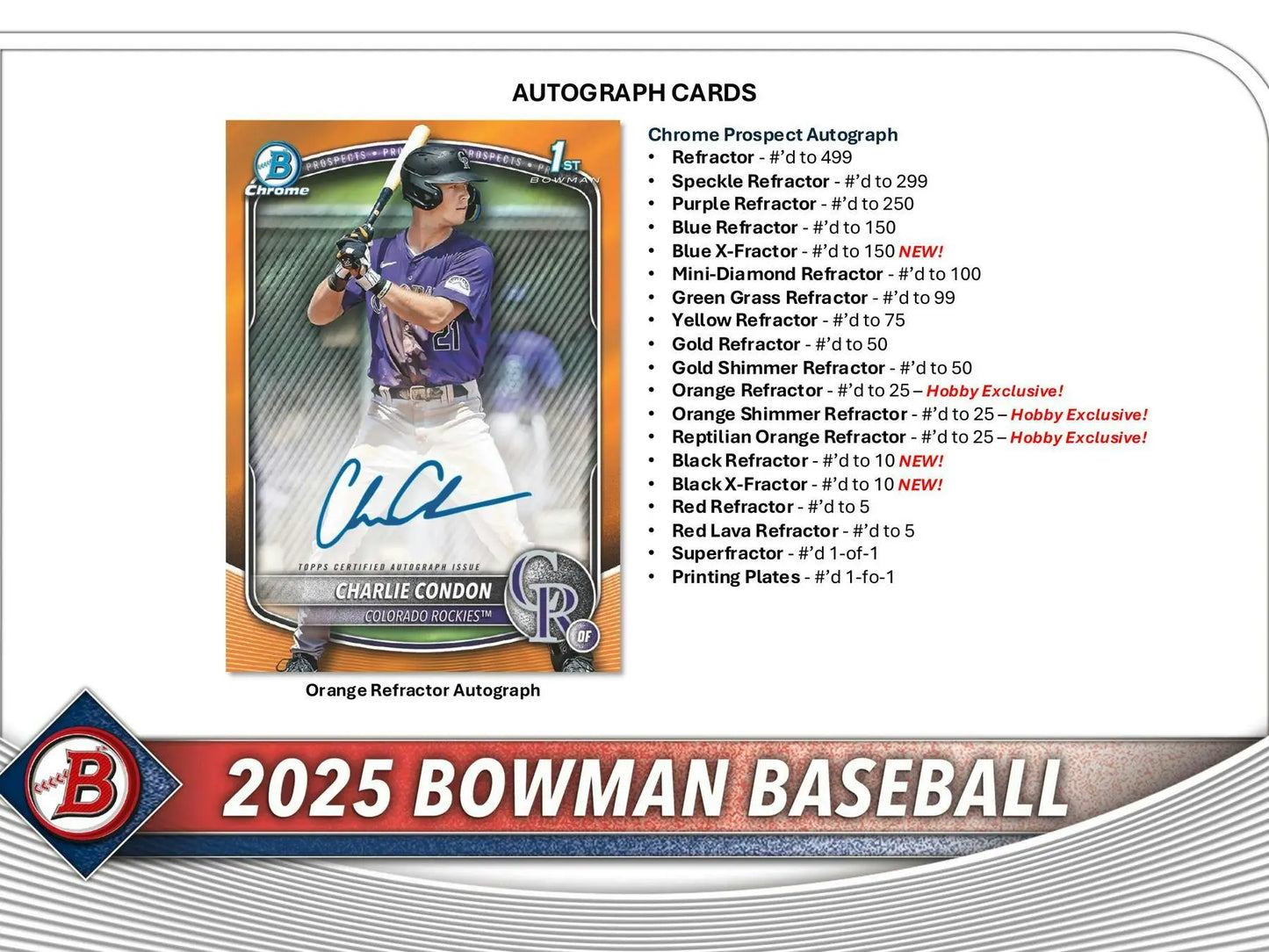 Baseball card with autograph from 2025 Bowman Hobby Box, hobby exclusive chrome prospect red refractor