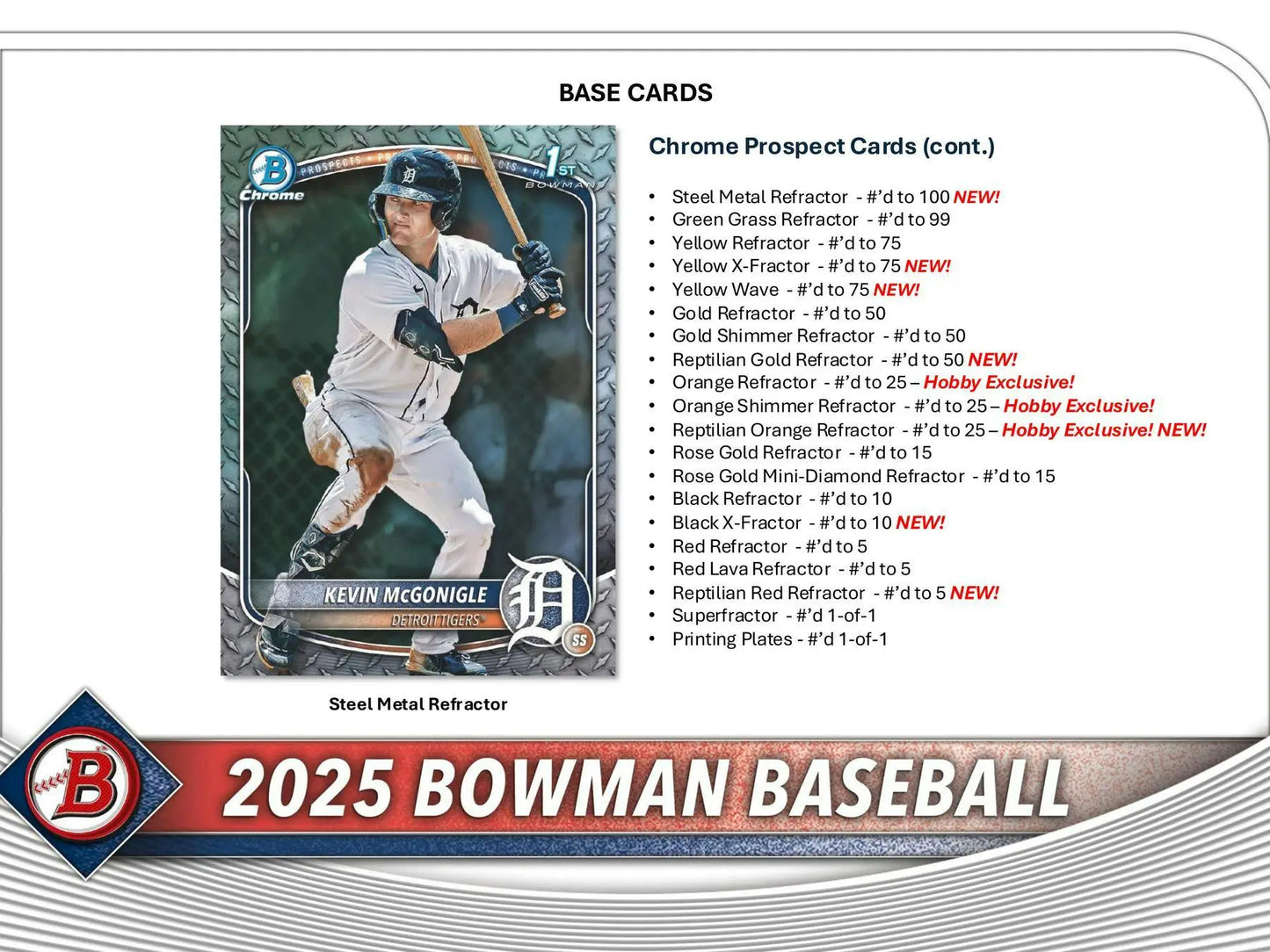 2025 Bowman Baseball Hobby Box with Baseball Card Checklist featuring hobby exclusive chrome prospect and red refractor