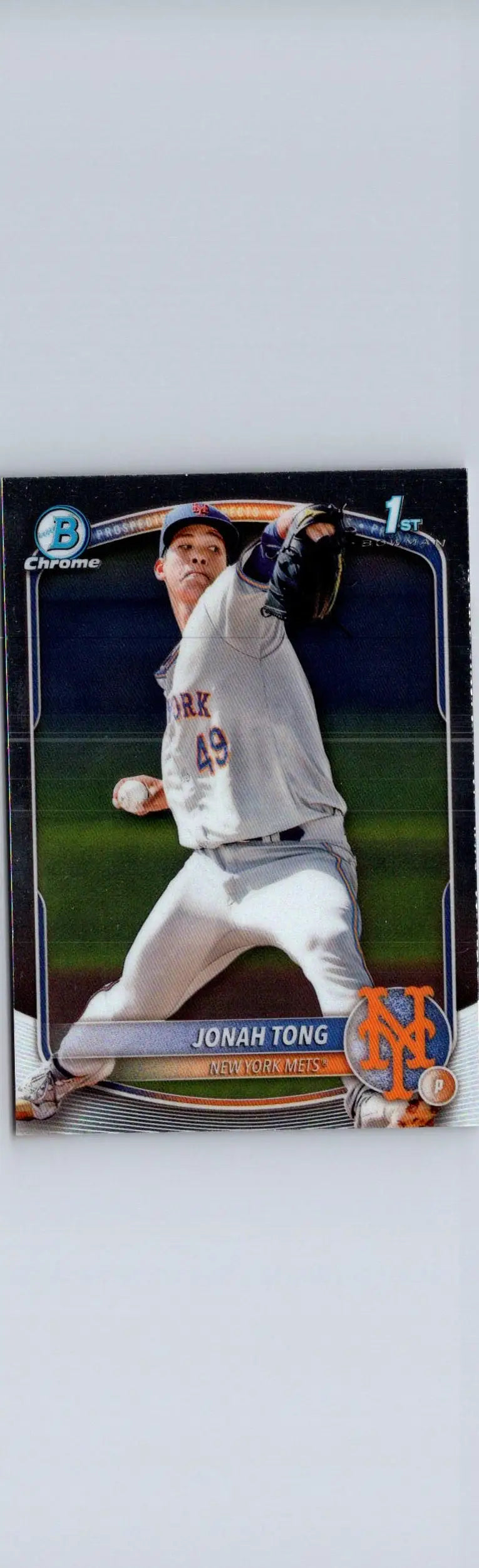 Baseball trading card featuring pitcher Jonah Tong in New York Mets uniform from Tong Chrome Prospects