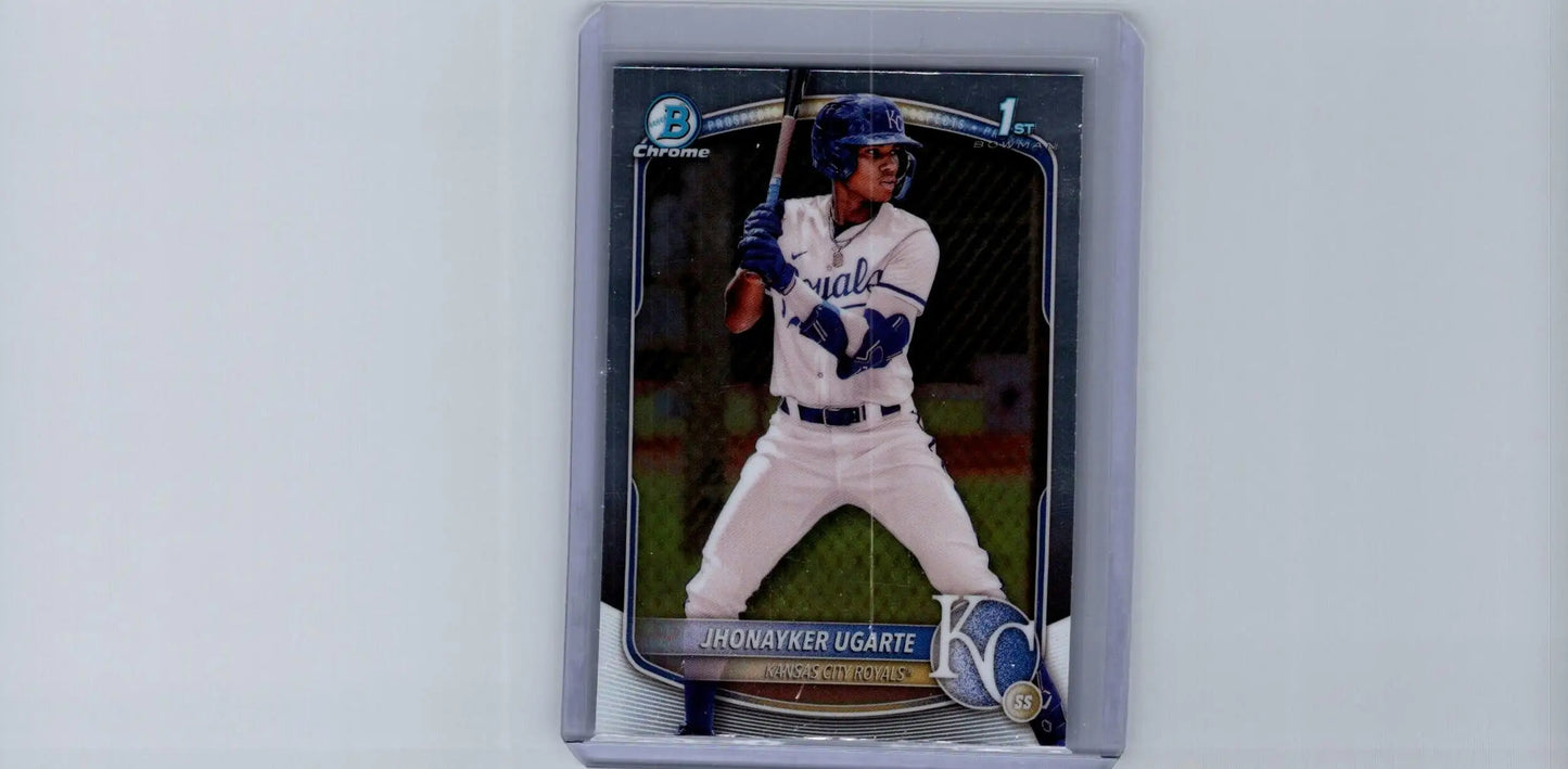 Baseball trading card of Jhonayker Ugarte in white and blue uniform Ugarte Chrome Prospects