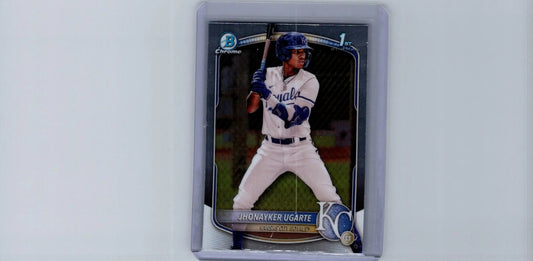 Baseball trading card of Jhonayker Ugarte in white and blue uniform Ugarte Chrome Prospects