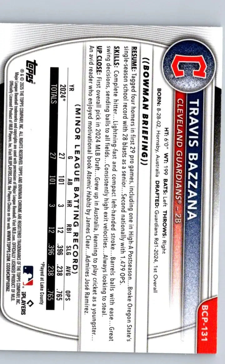 Baseball card of Travis Bazzana Chrome Prospects Mojo Refractor from 2025 Bowman