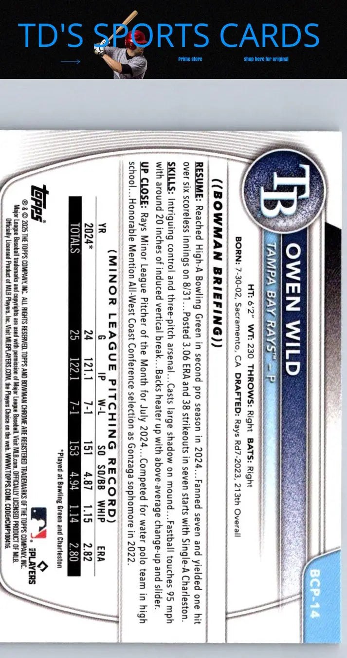 Owen Wild baseball card from 2025 Bowman BCP-14 Wild Chrome Prospects series