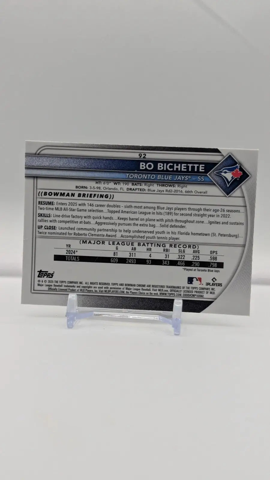 Baseball trading card featuring Bo Bichette 2025 Bowman Chrome Mojo Refractor