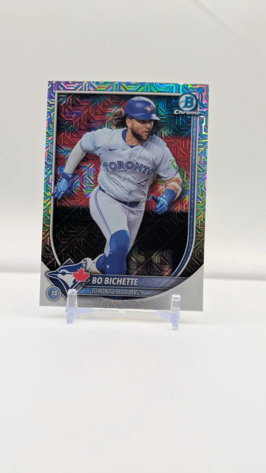 Baseball trading card of Bo Bichette in Toronto Blue Jays uniform, 2025 Bowman chrome mojo refractor