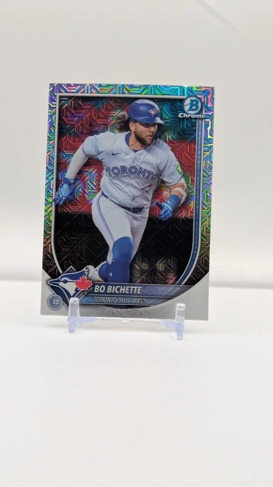 Baseball trading card of Bo Bichette in Toronto Blue Jays uniform, 2025 Bowman chrome mojo refractor