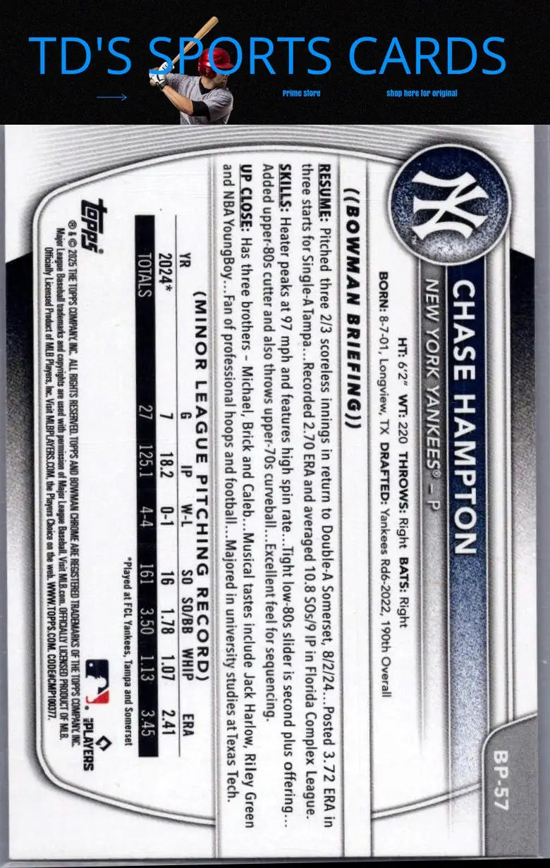 Chase Hampton baseball card from 2025 Bowman Chase Hampton Prospects Pink series