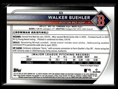 2025 Bowman Chrome Walker Buehler trading card with pitching stats, Boston Red Sox image
