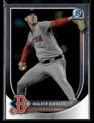 Baseball trading card featuring Walker Buehler in Boston Red Sox uniform from Bowman Chrome