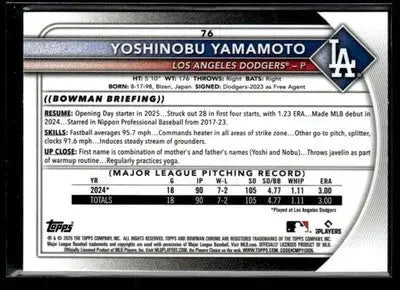 Baseball trading card of Yoshinobu Yamamoto from Bowman Chrome 2025 Los Angeles Dodgers