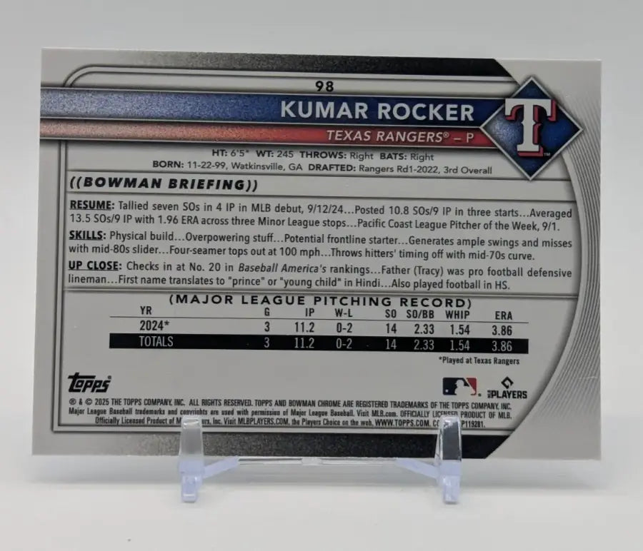 2025 BOWMAN CHROME #98 KUMAR ROCKER ROOKIE RED VARIATION RC TEXAS RANGERS - Trading Card