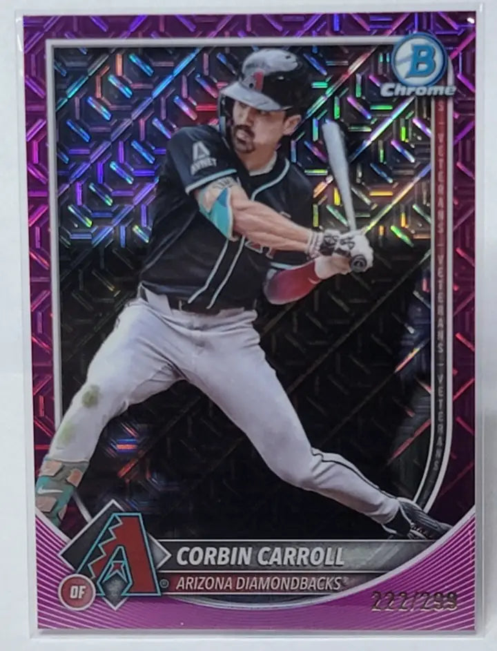 Purple foil Corbin Carroll baseball card featuring Mojo Refractor in 2025 Bowman Chrome Mega Fuchsia Mojo Refractor /299