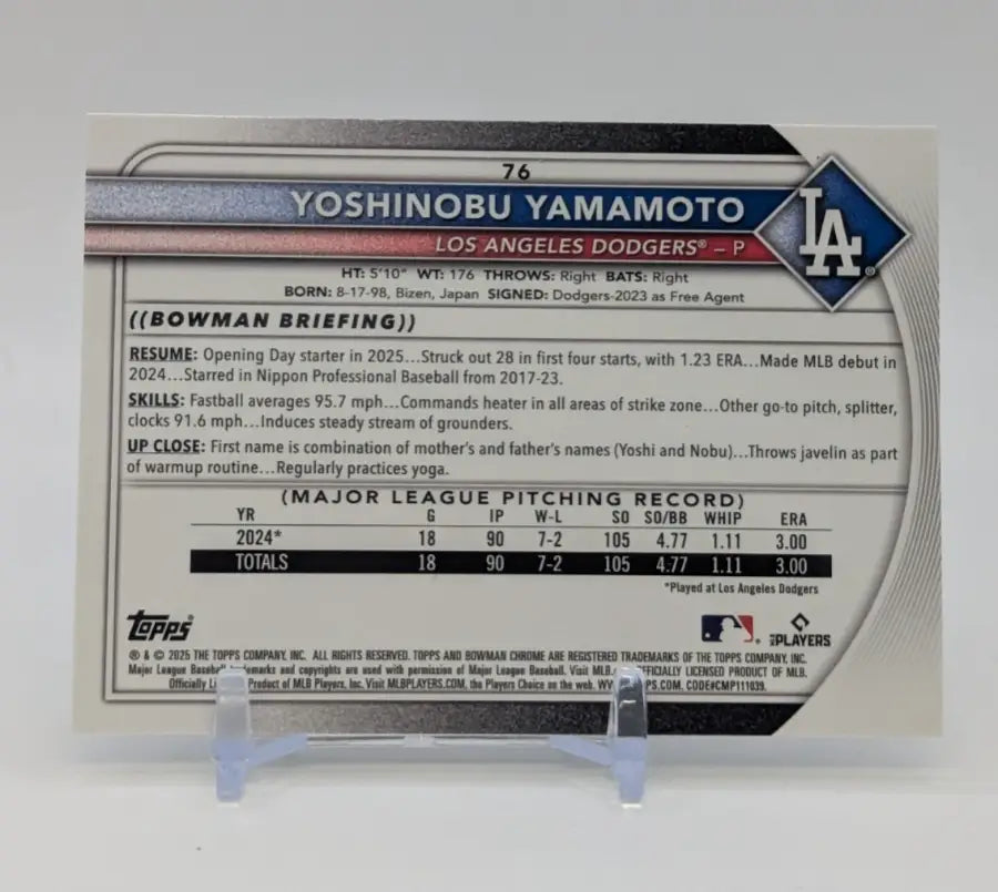 2025 Bowman Chrome Yoshinobu Yamamoto #76 Chrome Mojo Refractor