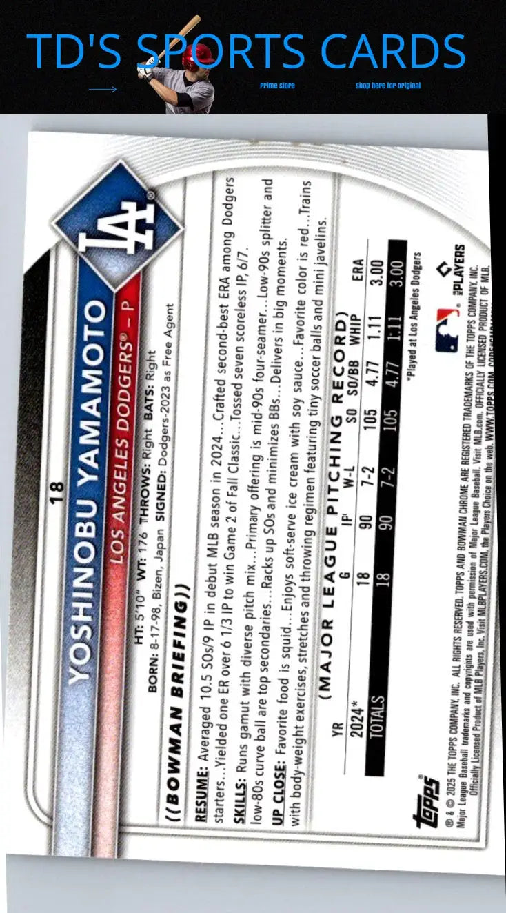 Baseball card back from 2025 Bowman Chrome Yoshinobu Yamamoto Mojo Refractor