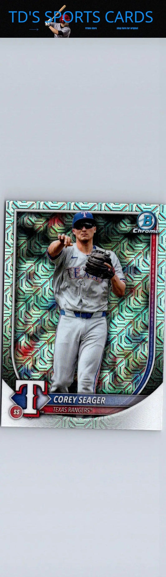 2025 Bowman Corey Seager Mojo Refractor baseball card showing vibrant player image