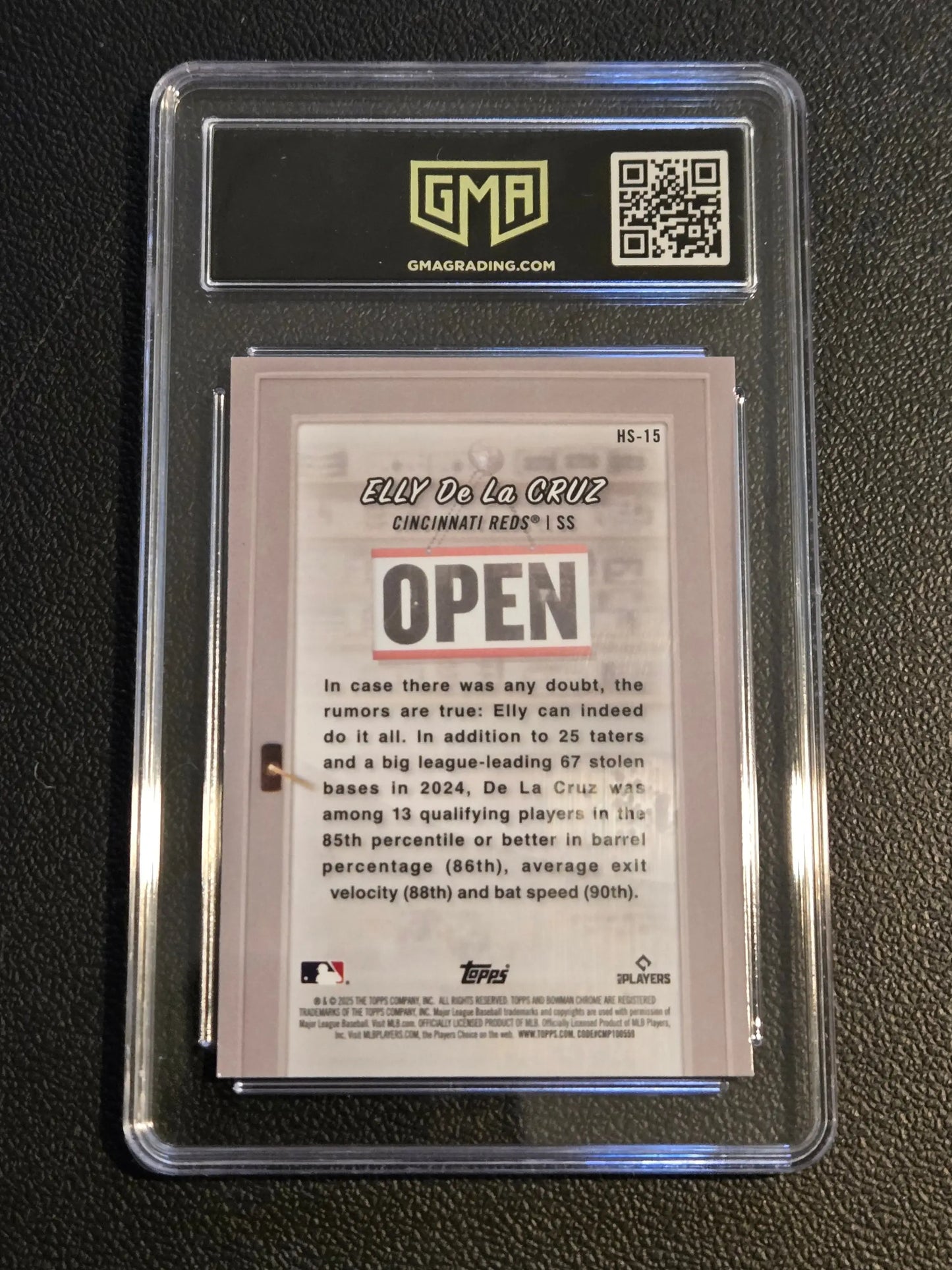 Baseball card of Elly De La Cruz Hobby Stars GMA 8.5 in clear slab for cruz hobby fans