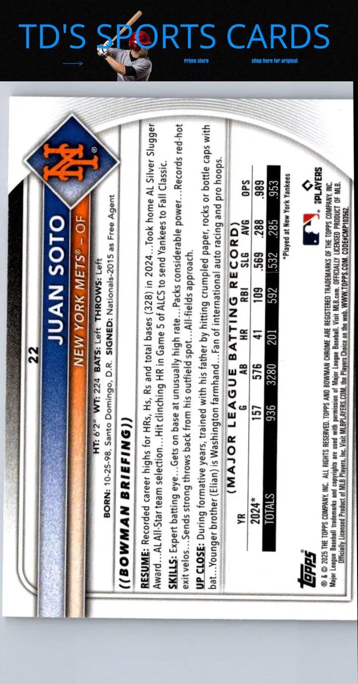 2025 Bowman Juan Soto Mojo Refractor baseball card for collectors and fans