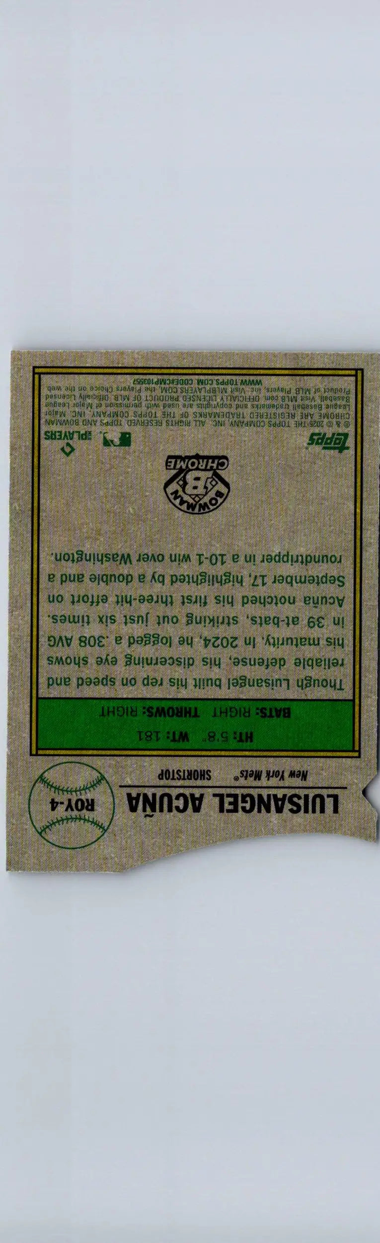 Back of 2025 Bowman Luisangel Acuña Rookie of the Year Favorites Mojo Refractor card