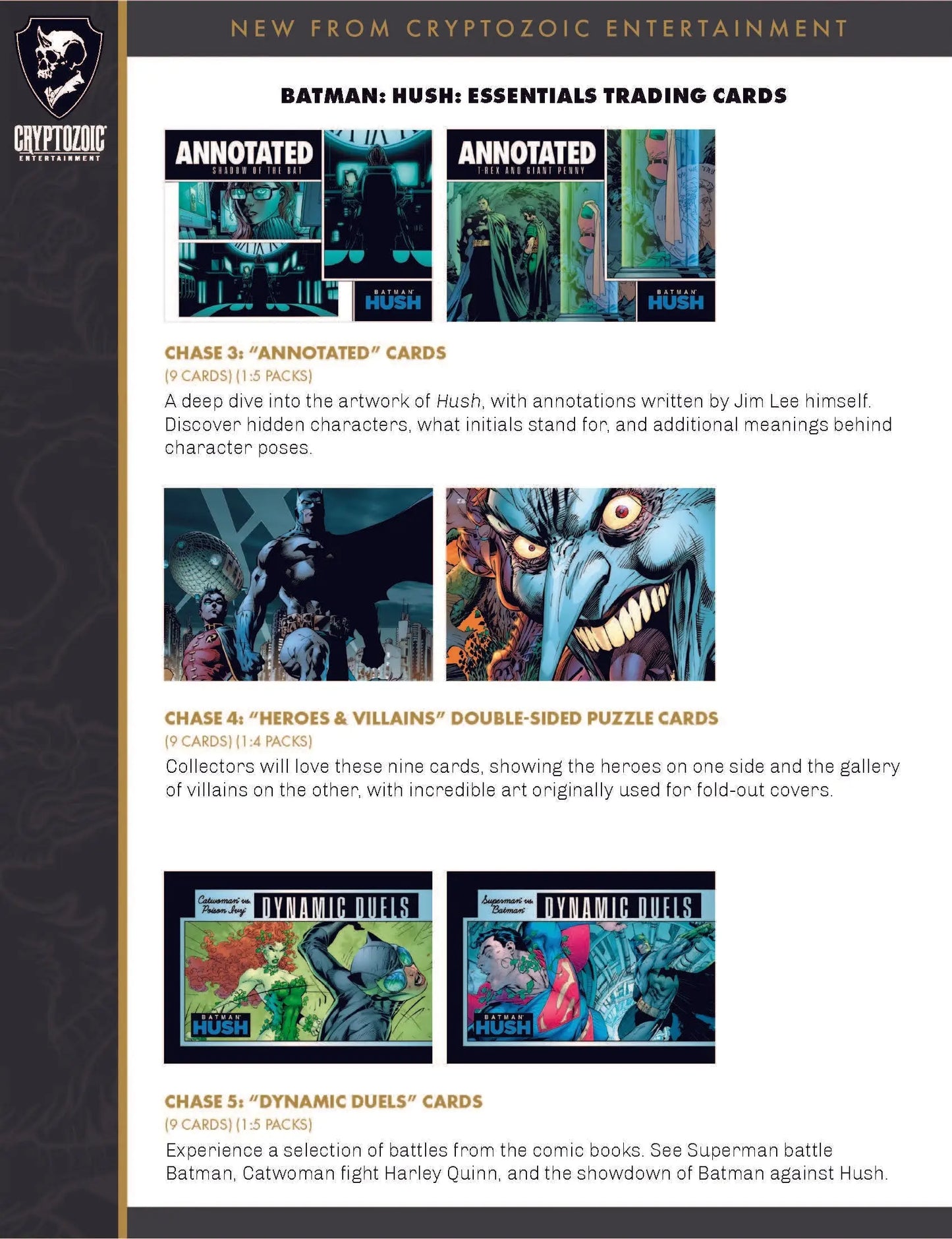 Promotional page for Cryptozoic Batman Hush trading card box featuring Batman Hush essentials