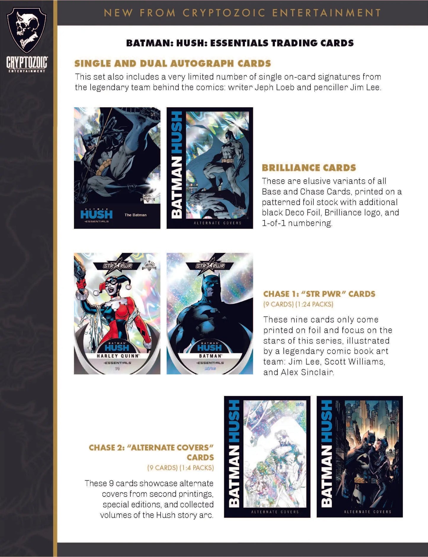Promo page for Batman Hush Essentials trading card box featuring Cryptozoic Batman Hush designs