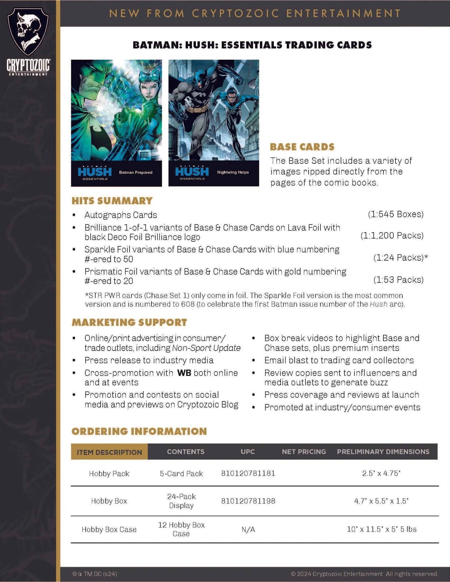 Promotional flyer for Batman Hush Essentials trading cards in Cryptozoic Batman Hush box