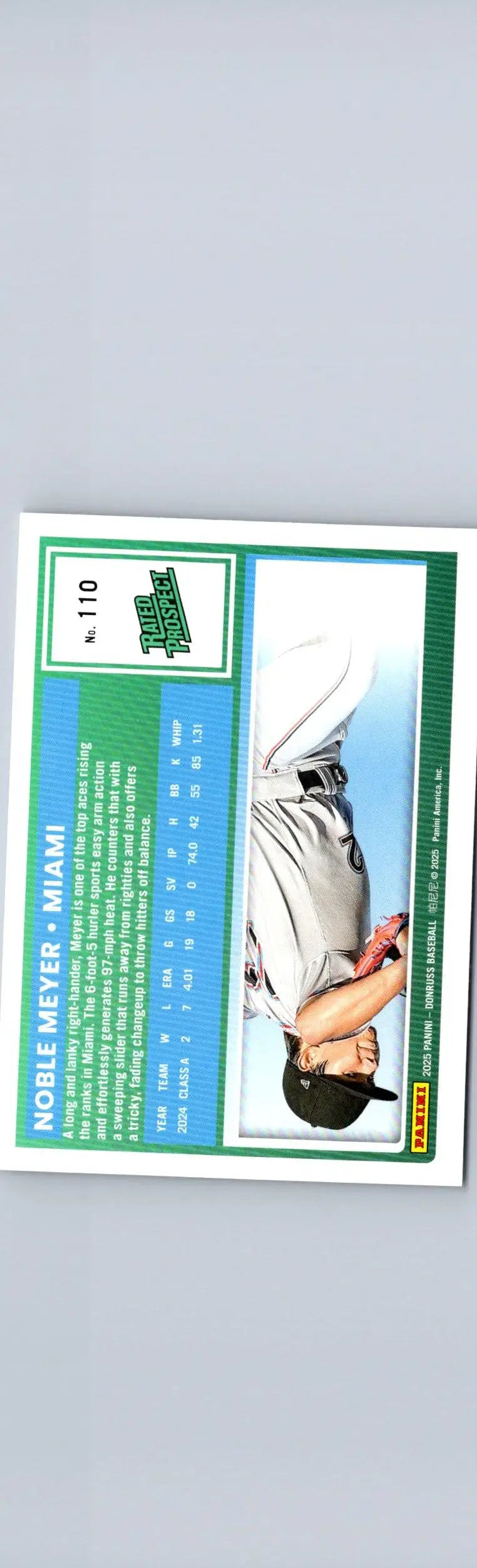 Baseball card featuring Noble Meyer of the Miami Marlins from 2025 Donruss #110