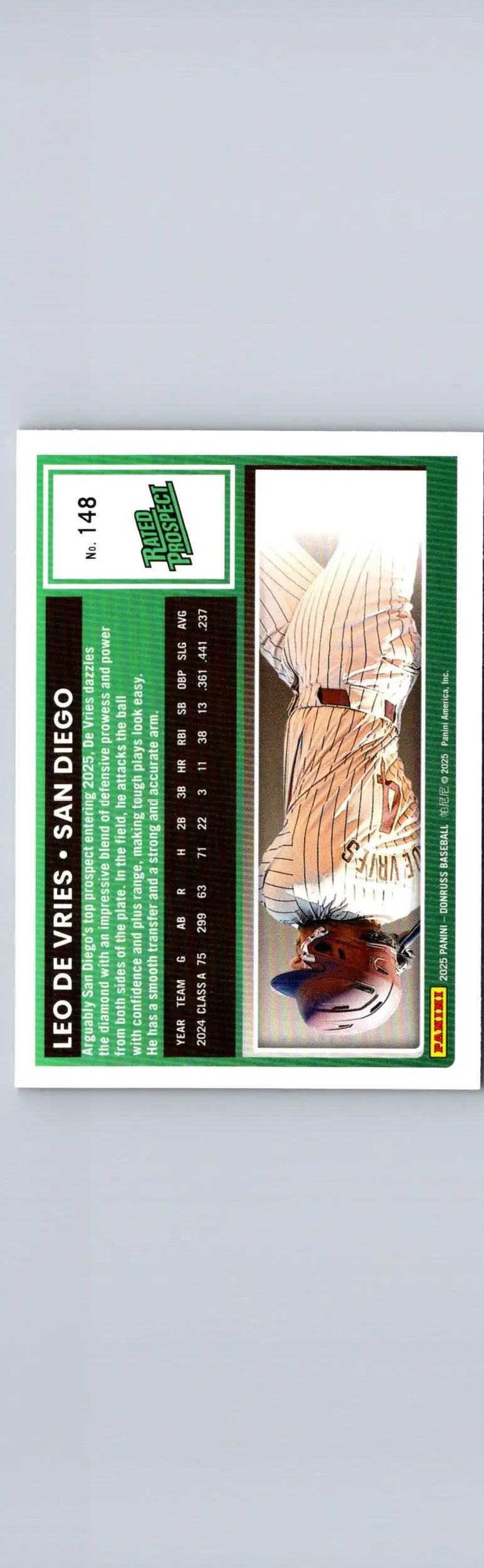 Back of a 2025 Donruss Leo De Vries baseball trading card