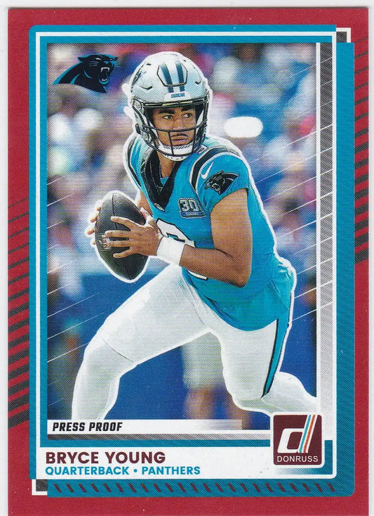 2025 Donruss Bryce Young Red Press Proof football trading card in Carolina Panthers uniform