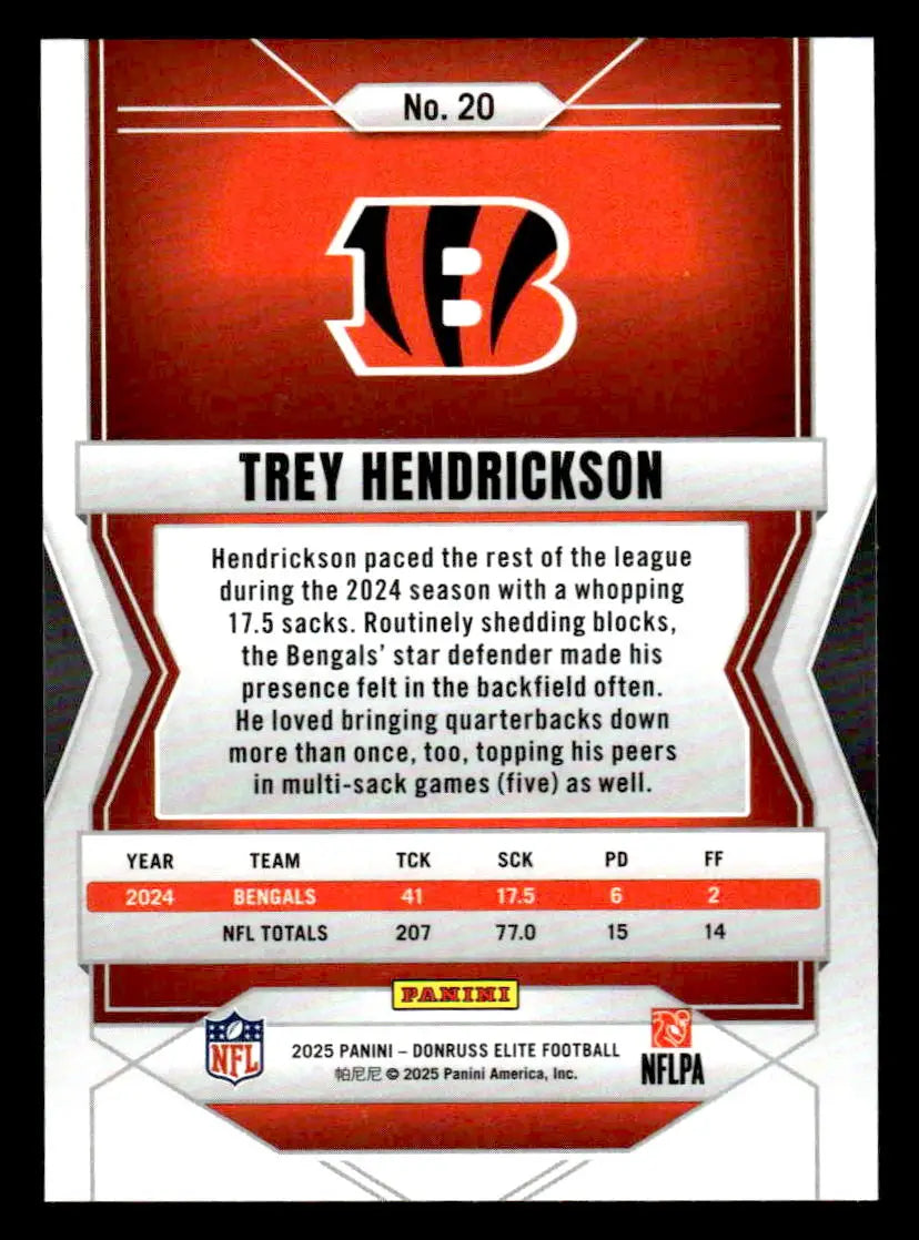 Back of a Trey Hendrickson football card with stats from 2025 Donruss Elite Cincinnati Bengals