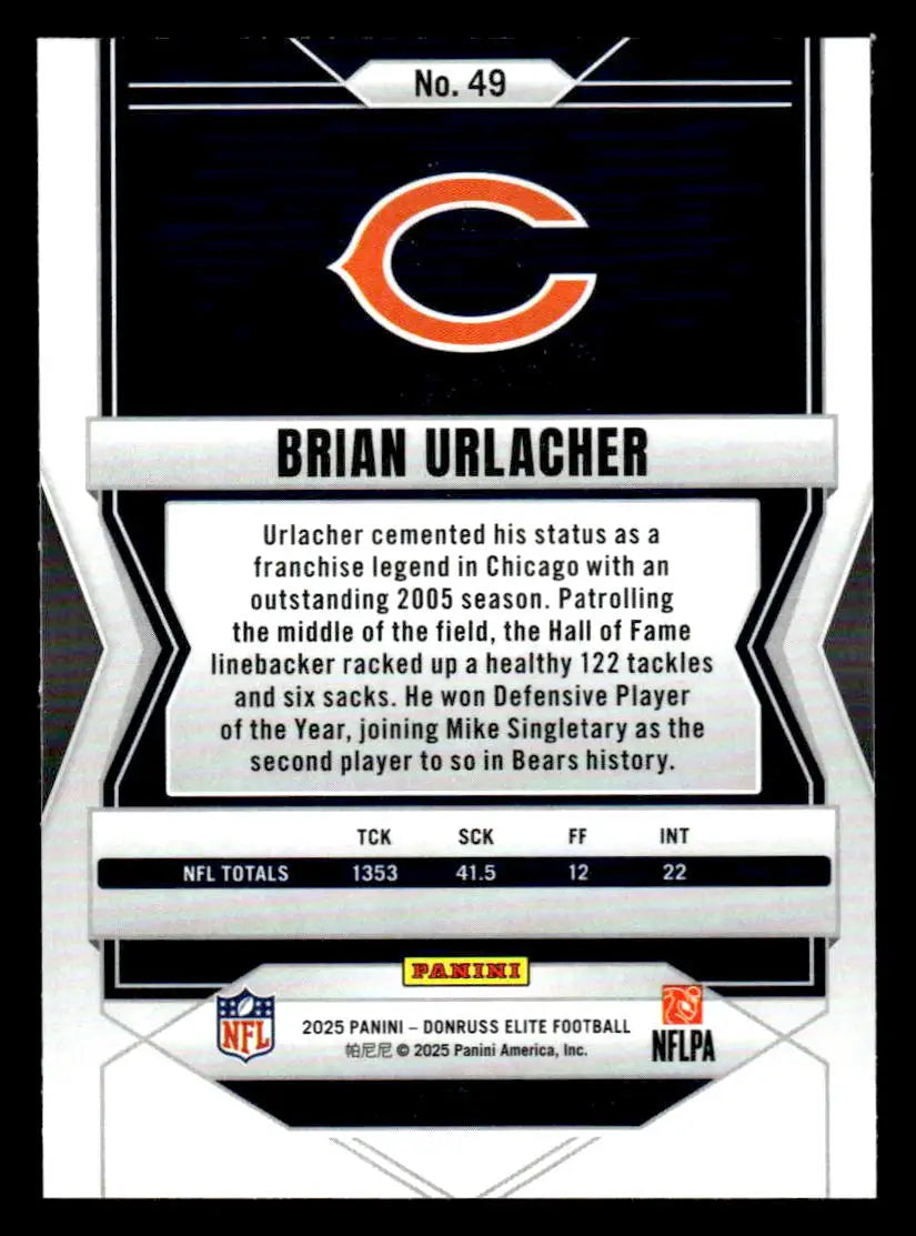 Back of a Brian Urlacher Chicago Bears Donruss Elite football card 2025 Donruss Elite #49