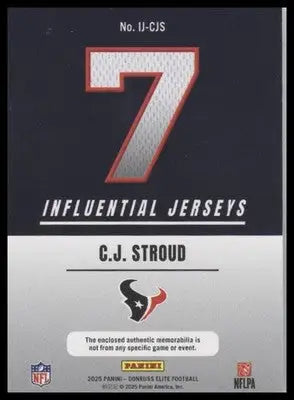 Donruss Elite C J Stroud Influential Jerseys trading card with Houston Texans logo
