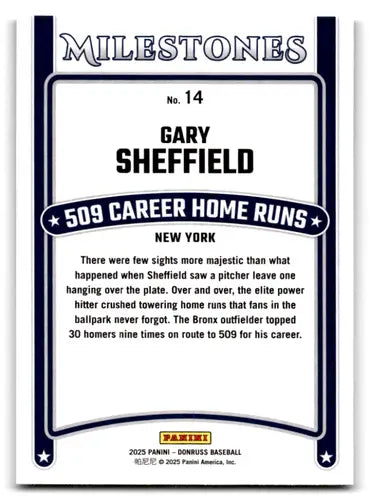 Original gloss 2025 Donruss Milestones Gary Sheffield baseball card featuring Yankees team