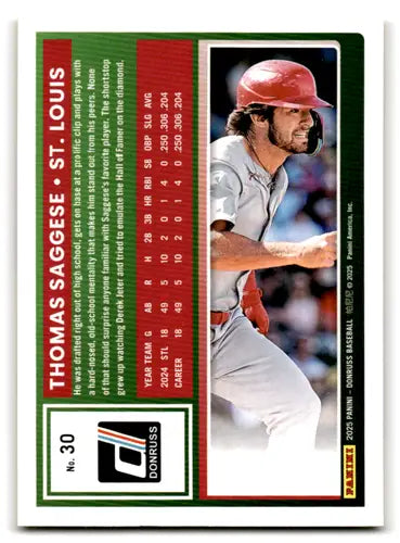 Baseball trading card featuring Thomas Saggese from 2025 Donruss Yellow Flood series