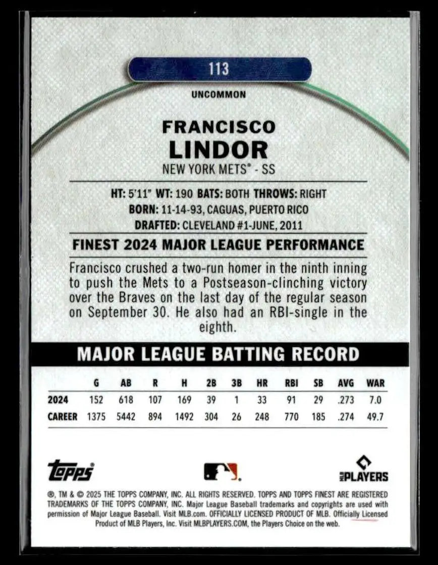 Baseball trading card of Francisco Lindor from the York Mets in 2025 Finest Checkerboard series