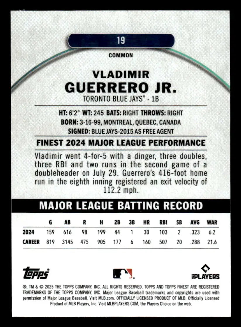 Baseball trading card for Vladimir Guerrero Jr. from 2025 Finest #19 Toronto Blue Jays