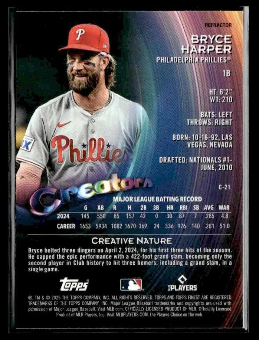 Baseball trading card of Bryce Harper in Phillies uniform from 2025 Finest Creators Refractor