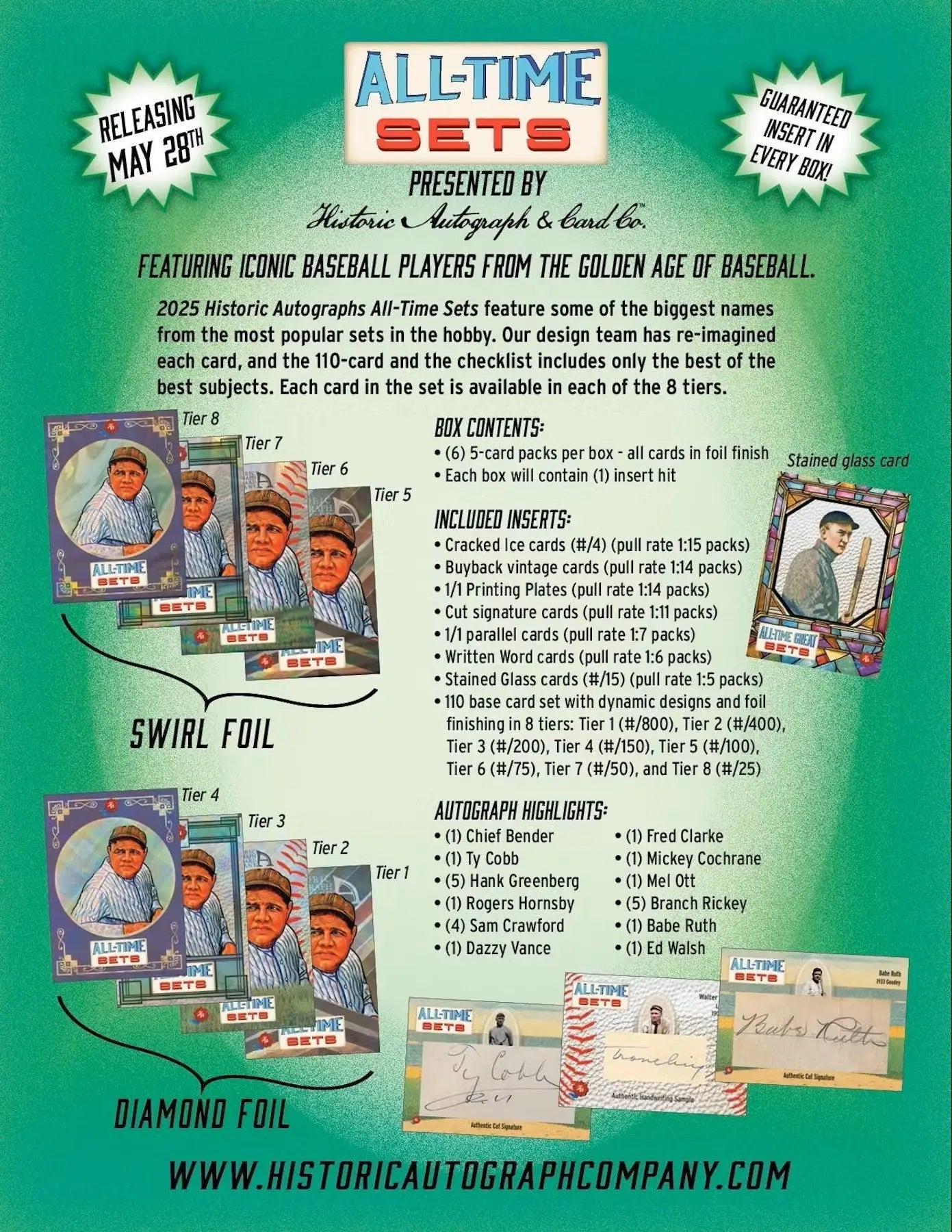 All-Time Sets Baseball card advertisement showcasing historic autographs in the 2025 Hobby Box