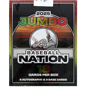 Sealed 2025 Leaf Baseball Nation Hobby Jumbo Box with 18 cards including 9 autographs