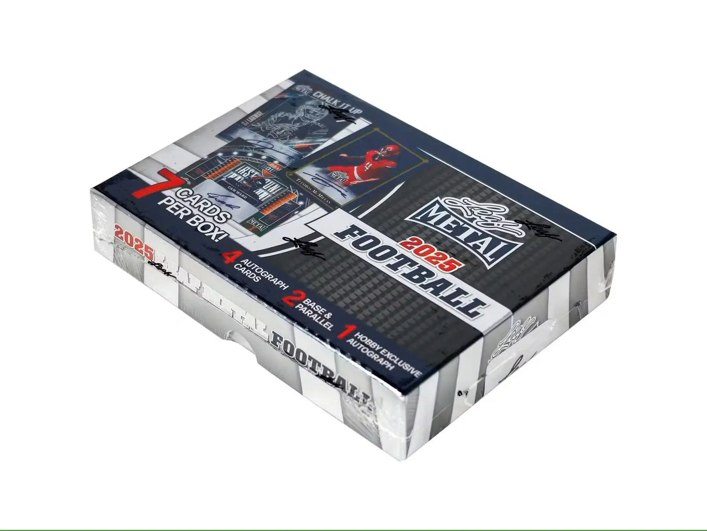 Sealed 2025 Leaf Metal Football Hobby Box with metal football cards inside