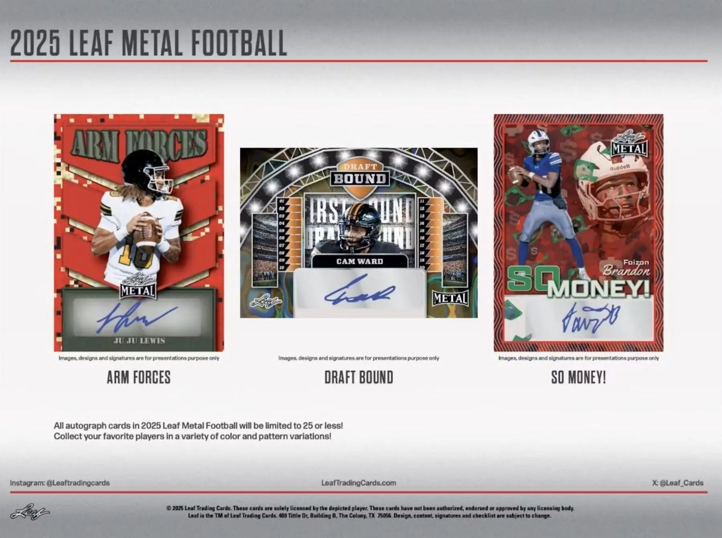 Three metal football trading cards from the 2025 Leaf Metal Football Hobby Box