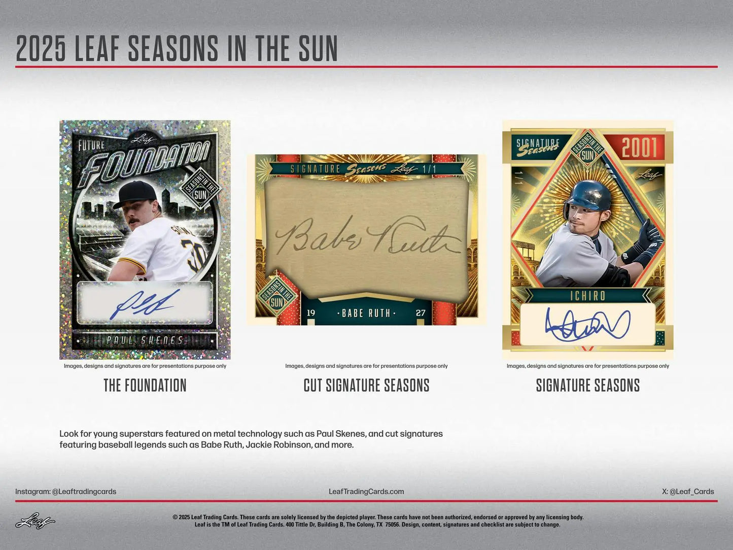 Baseball card collection with memorabilia cards in 2025 Leaf Seasons in the Sun Hobby Box