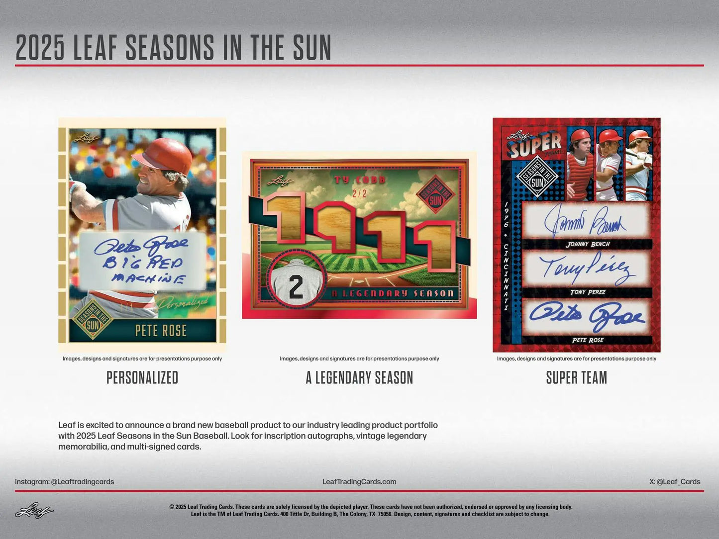 2025 Leaf Seasons in the Sun Baseball Hobby Box with memorabilia cards and two memorabilia