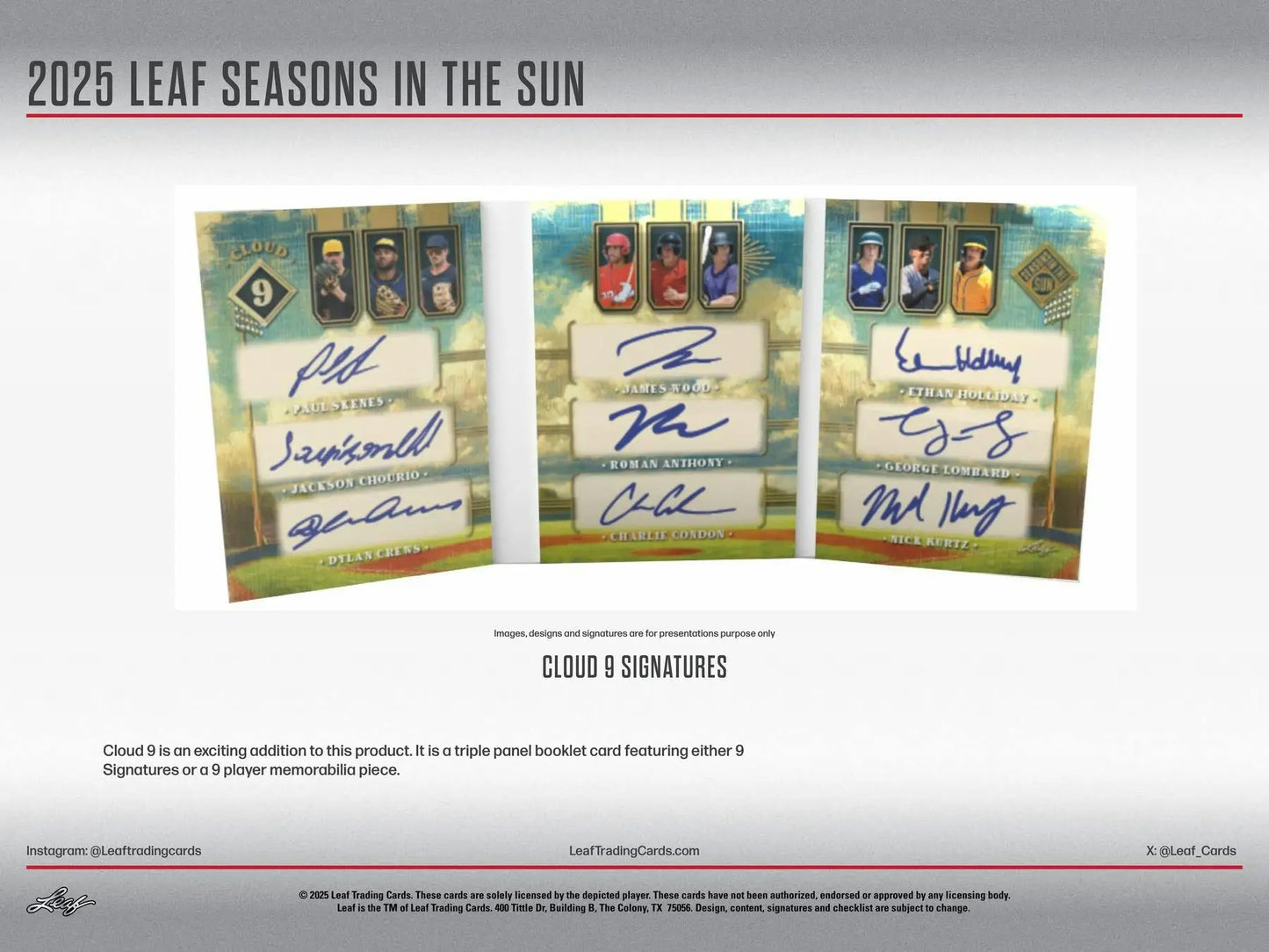 Triple-panel booklet card featuring memorabilia cards from 2025 Leaf Seasons in the Sun Baseball Hobby Box